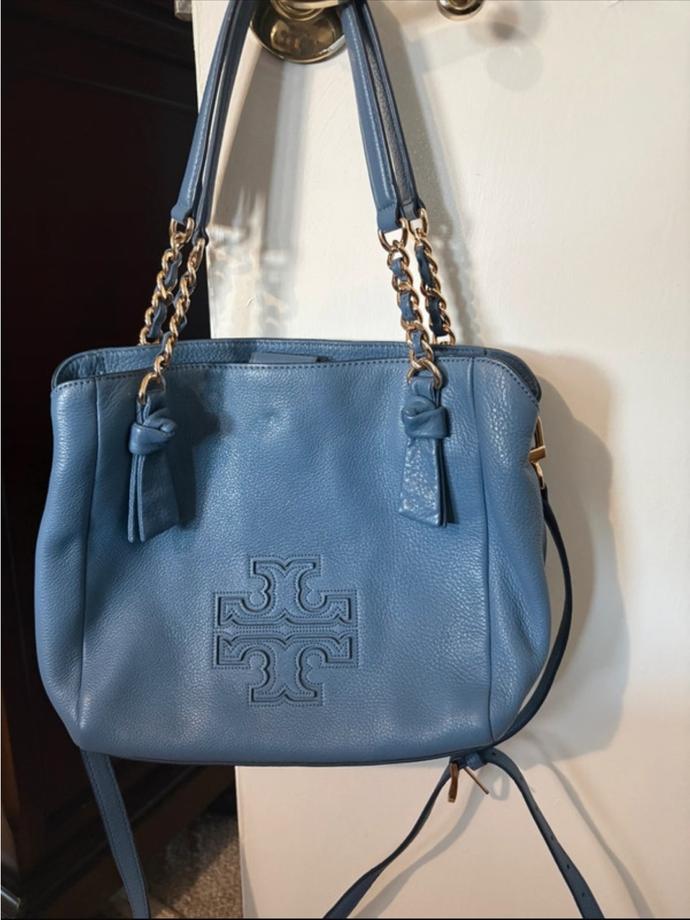 Tory Burch Navy Pebbled Leather Logo Shoulder Bag with Gold Hardware